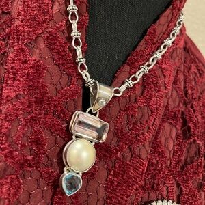 925 Pendant Amethyst, Blue Topaz and pearl cabochon, large bail, chain